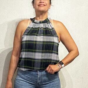 J. Crew Green Sleeveless Plaid Blouse Sz 8